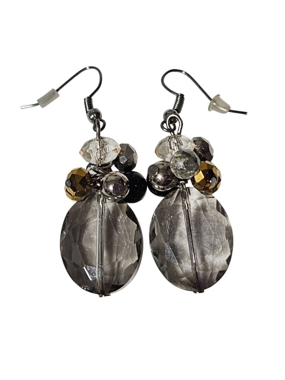 Elegant Beaded Dangle Earrings Smoky Gray Faceted Beads Retro Fashion Jewelry